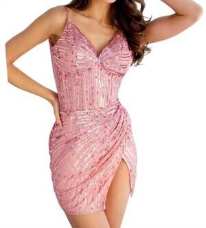 NEW PRIMAVERA v-neck mini dress in rose gold